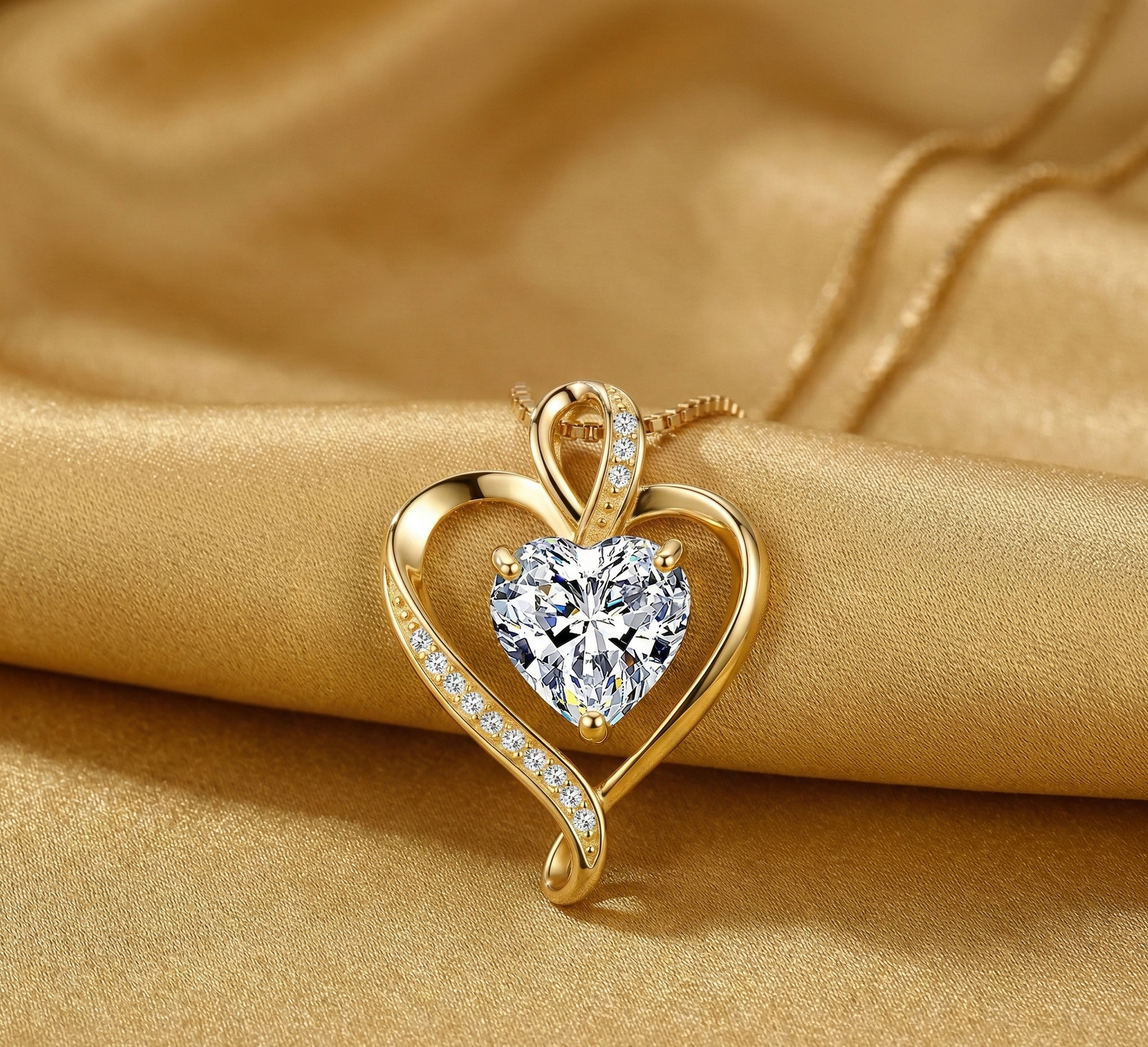 עמיד במים L316 שרשרת הרגש דגם "הרט" משובץ אבני זרקוניה - ציפוי זהב על פלדת אל-חלד