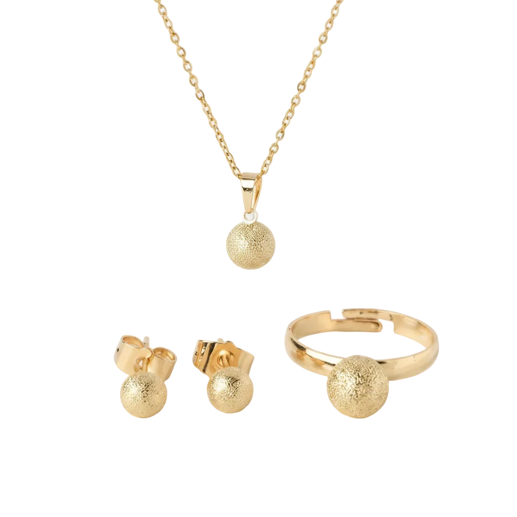 Gold jewelry set including necklace, earrings, and ring on a white background