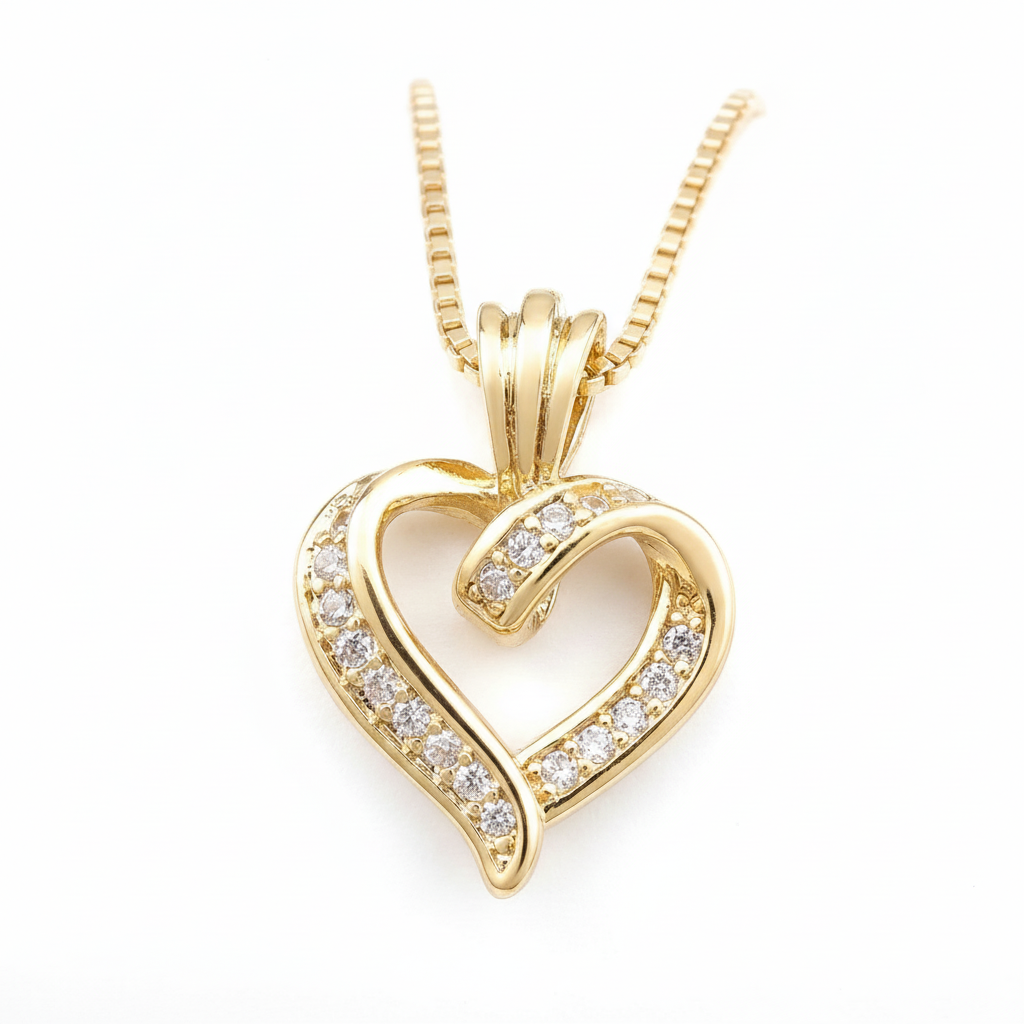Gold heart-shaped pendant with diamonds on a white background