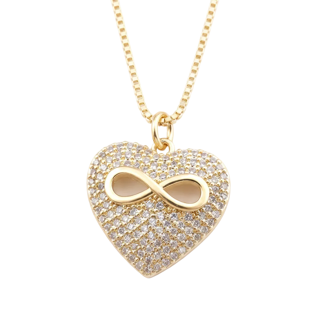 Gold heart-shaped necklace with infinity symbol and clear stones on a white background