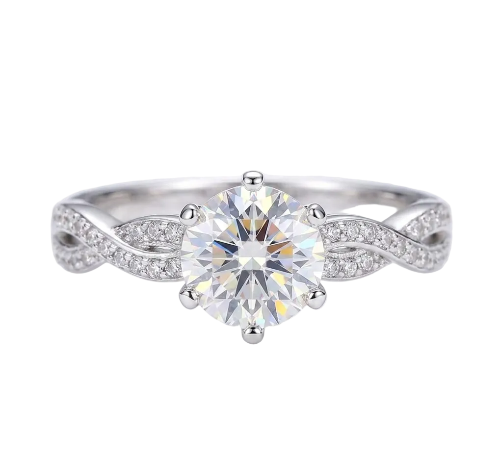 טבעת מויסנייט יוקרתית 2 קראט בשיבוץ 6 שיניים, כסף 925 עם חישוק משובץ בעיצוב צמה Joli Jewels