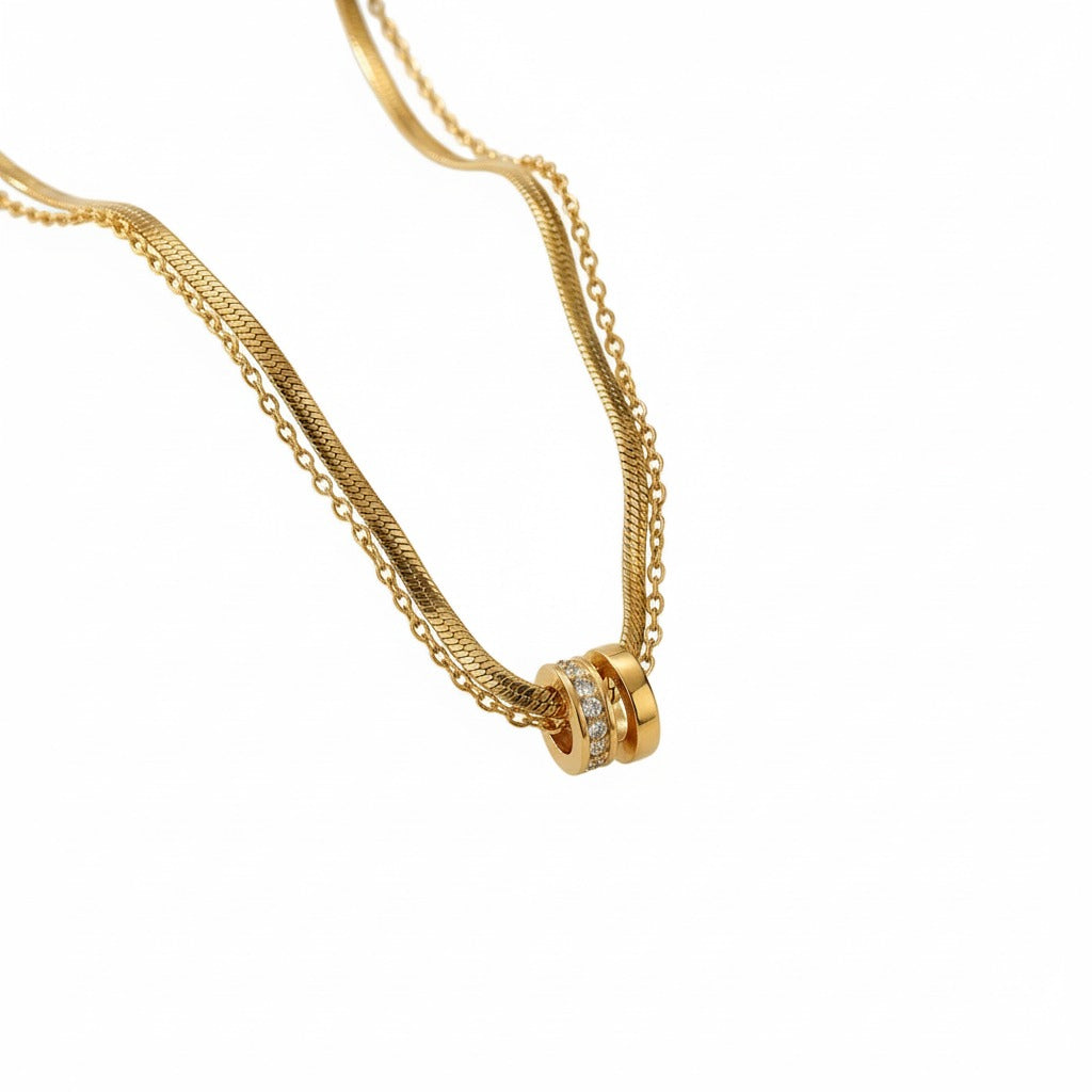 עמיד במים L316 שרשרת כפולה דגם "קריל" משובץ אבני זירקוניה - ציפוי זהב על פלדת אל-חלד